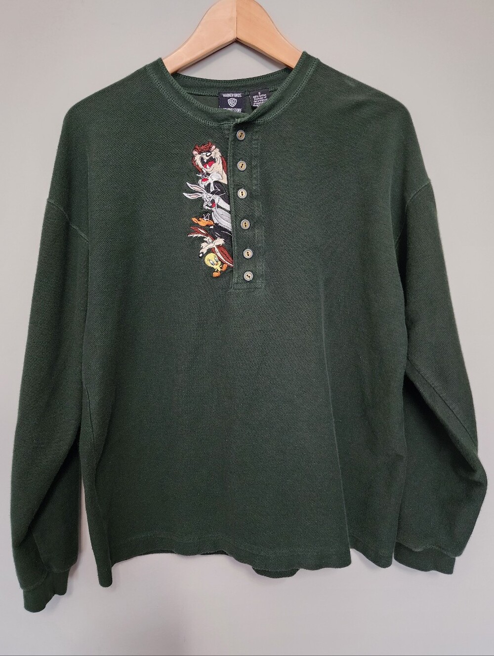 Vintage Warner Bros. Dark Green Crewneck Henley with Looney Tunes Embroidery